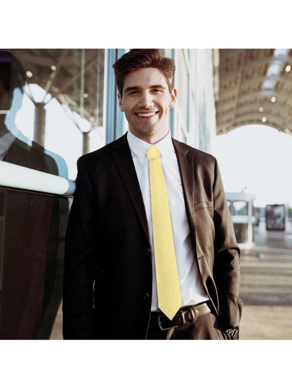 Men Light Yellow  Twill Diagonal Textured Silk Formal Necktie For Business Dress - Picture 5 of 6